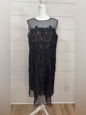 Carmen Marc Valvo Black Sheer Floral Appliqué Cocktail Dress
